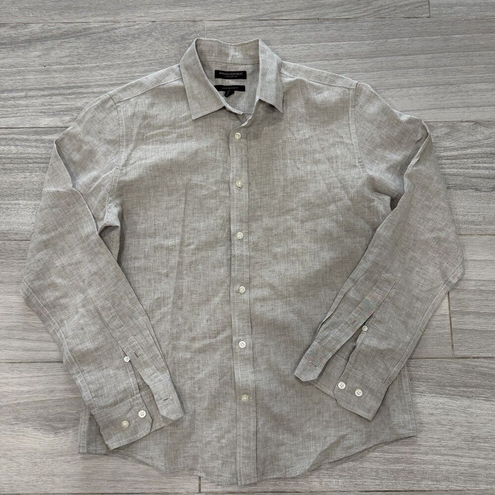 Banana Republic Camden 100% Linen Long Sleeve Button Down Shirt Mens Medium Gray